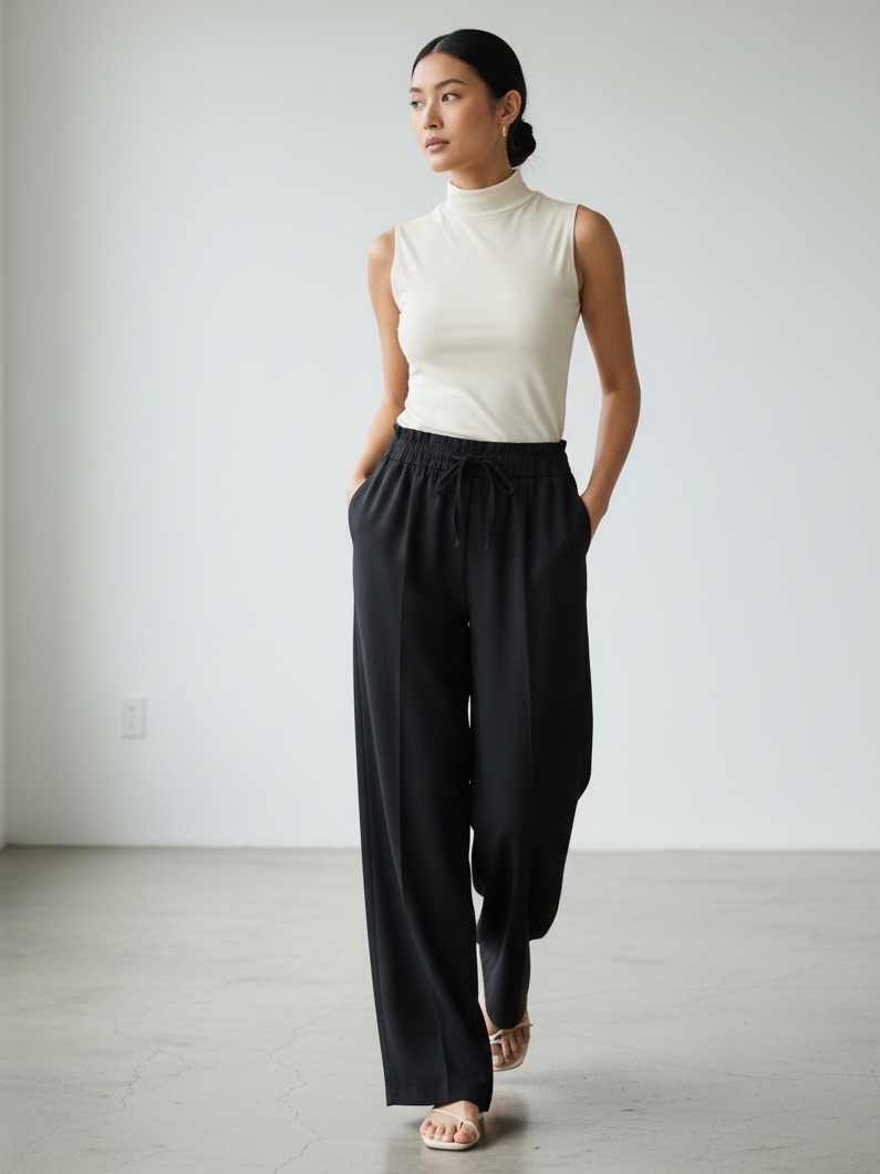 1511 Black Chambray Lyocell Soft Belted Stretch Waist Wide Leg Pocket Pants